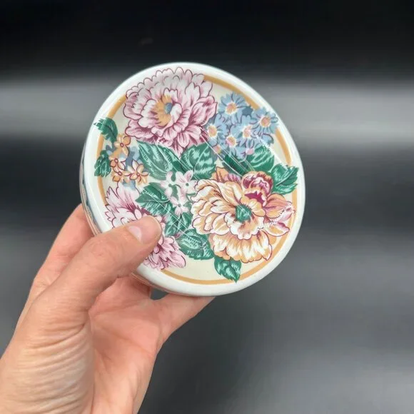 Vintage Soap Dish Floral Round Ceramic 1990s Flowers Bathroom Kitchen Decor - Picture 7 of 9